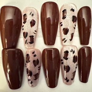 Handmade Press-On Nails Brown and Glitter Leopard Print